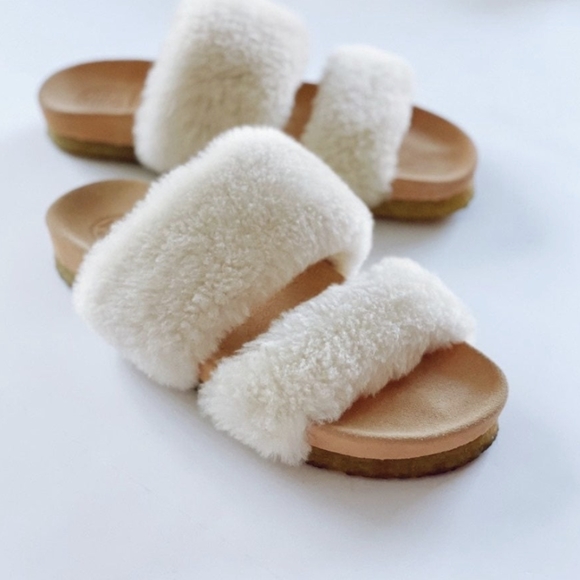 Tory Burch Fur slippers Beige sz 8 Sheldon Shearling Two Band Slide - Picture 5 of 13